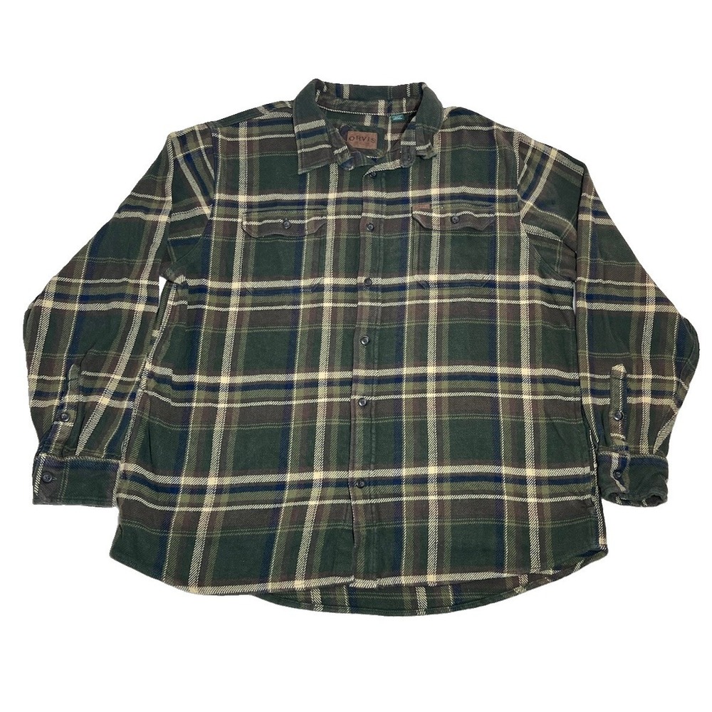 Orvis Flannel Shirt Men's XXL Green Plaid Big Bear Shacket Pockets Heavyweight